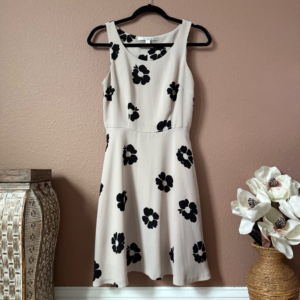 LC Lauren Conrad Cream Dress with Black Floral Pattern